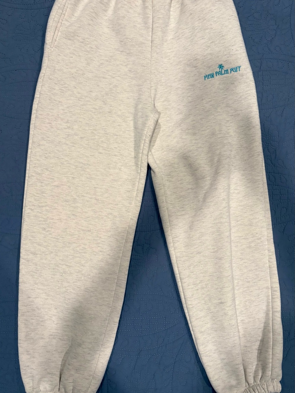 Pink Palm Puff Gray Sweatpants Blue Embroidered Logo